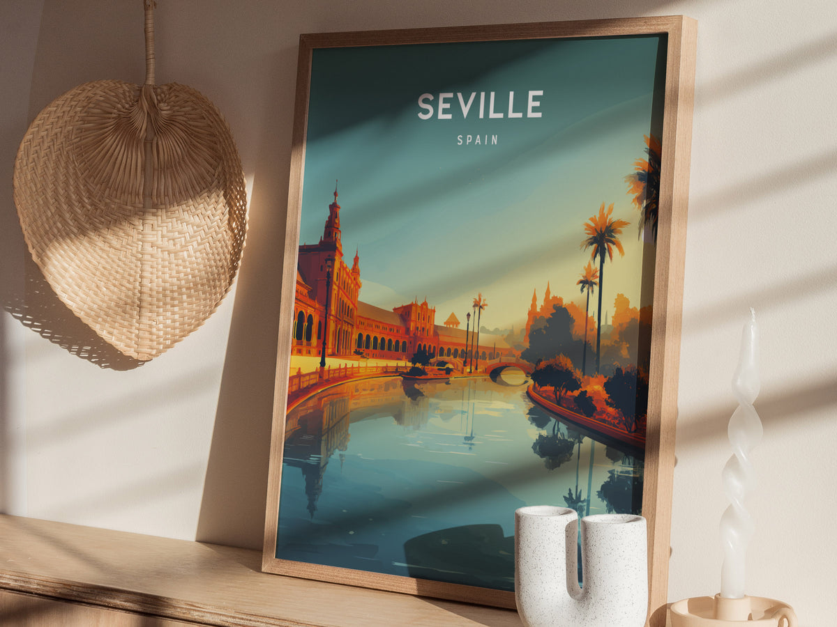 A framed poster featuring a scenic view of Seville, Spain, showcases a serene river reflecting the warm hues of a sunset. The foreground includes palm trees and historical architecture, creating a vibrant and inviting atmosphere.