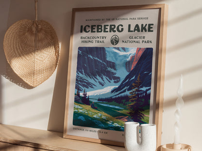 Iceberg Lake, Glacier National Park Poster | Hiker Gift | Backcountry Trail Wall Art — styled in a modern interior
