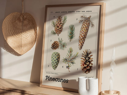 A framed botanical poster featuring six detailed pinecone illustrations with scientific labels, placed on a wooden shelf alongside a woven basket, ceramic vase, and spiral candle.