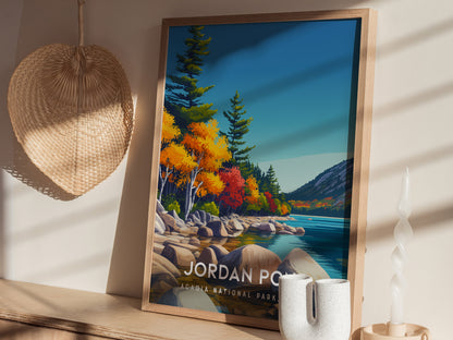 Jordan Pond, Acadia National Park, Maine Poster | Coastal Beach Decor Wall Art — styled in a modern interior