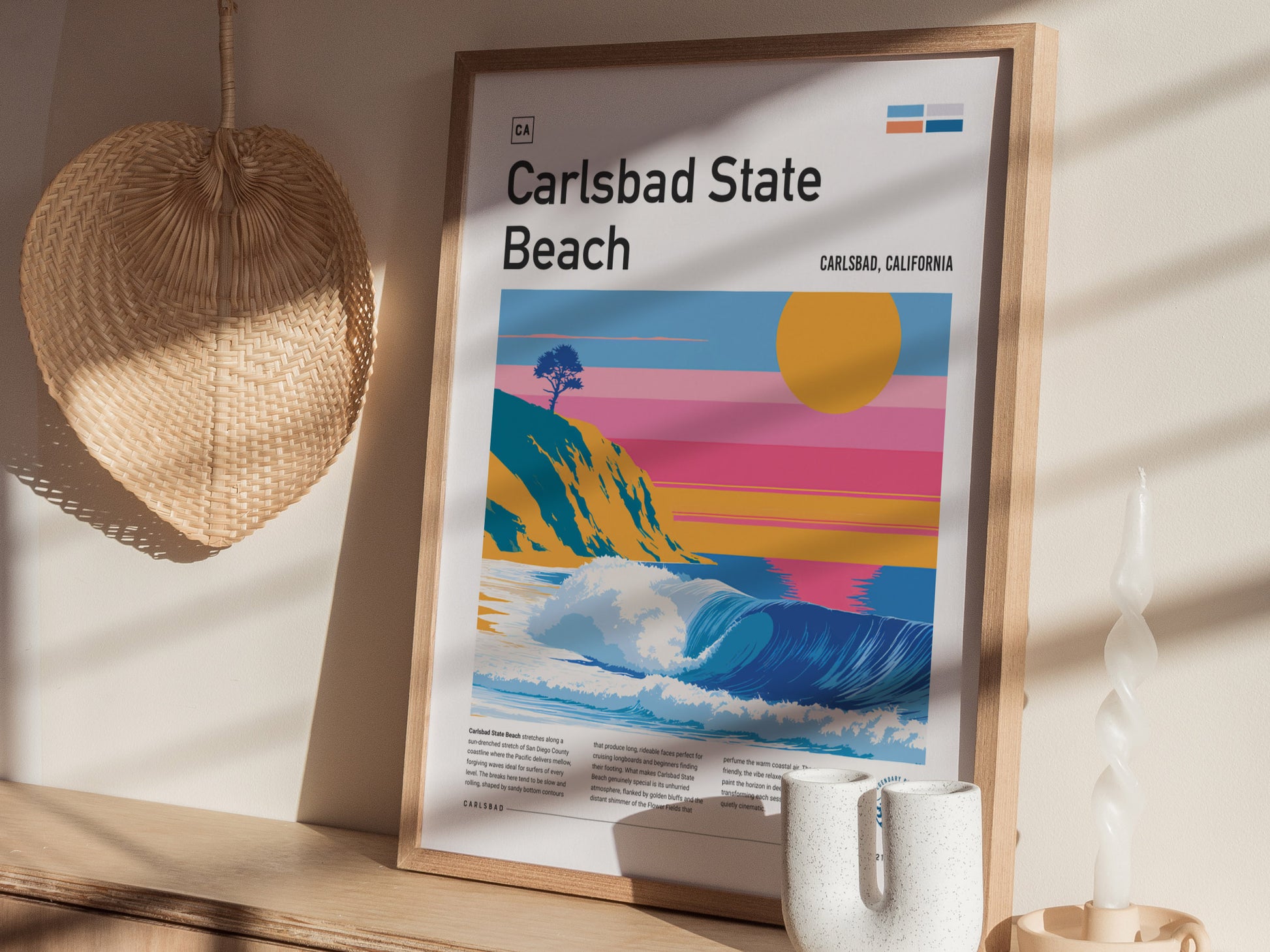 Carlsbad State Beach, California Poster | Golden Cliffs & Surf Coastline Wall Art — styled in a modern interior