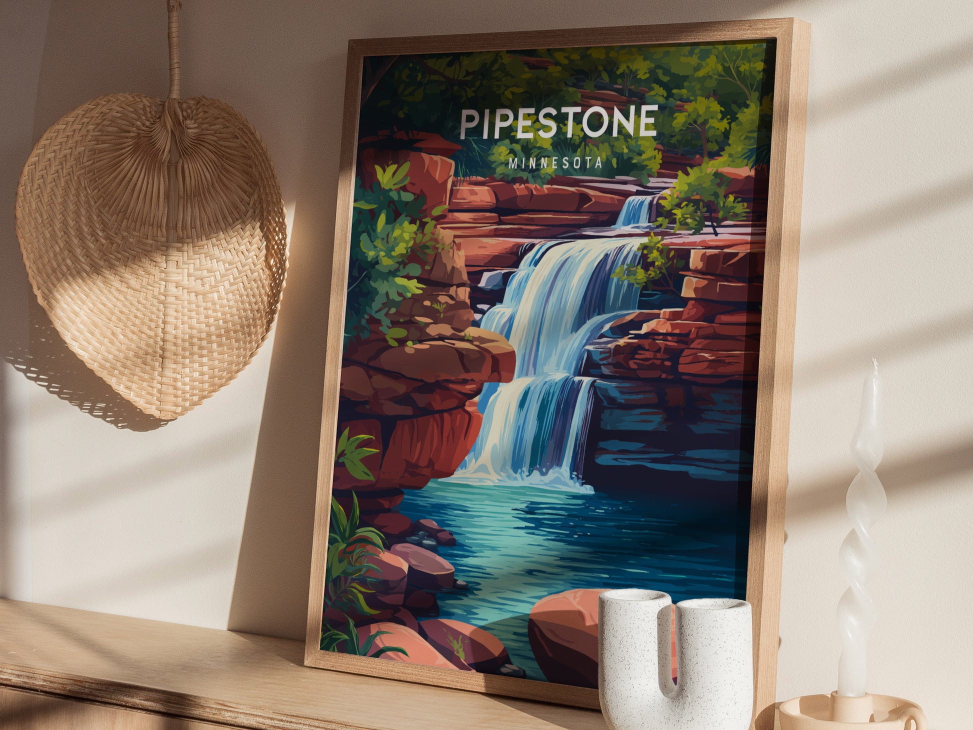 Pipestone, Minnesota Poster | Sacred Quarry & Prairie Sunset Wall Art — styled in a modern interior
