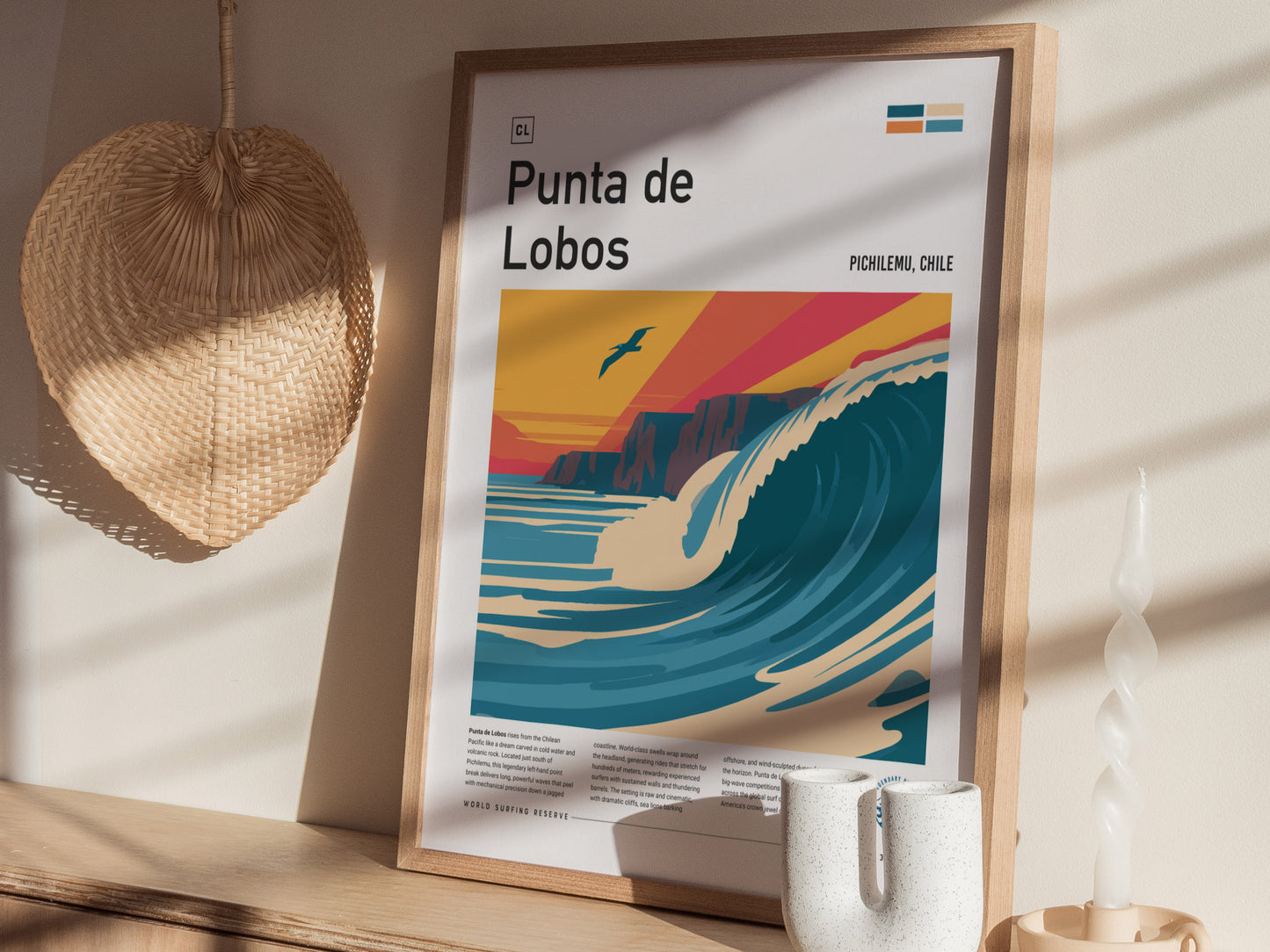 Punta de Lobos, Chile Poster | Dramatic Cliffs & Surf Wall Art — styled in a modern interior