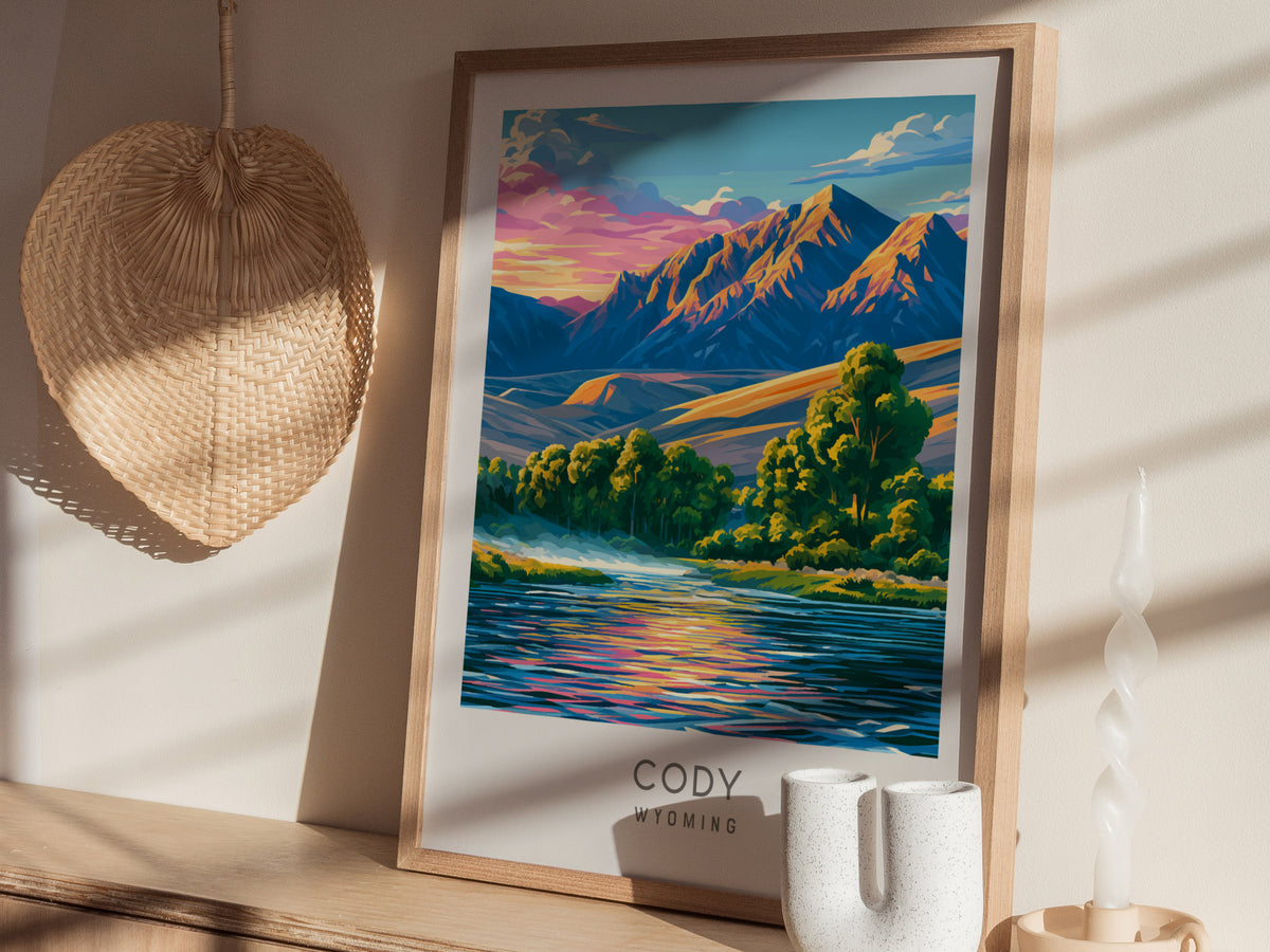 Cody Matte Border Poster | Wyoming Travel Wall Art — styled in a modern interior
