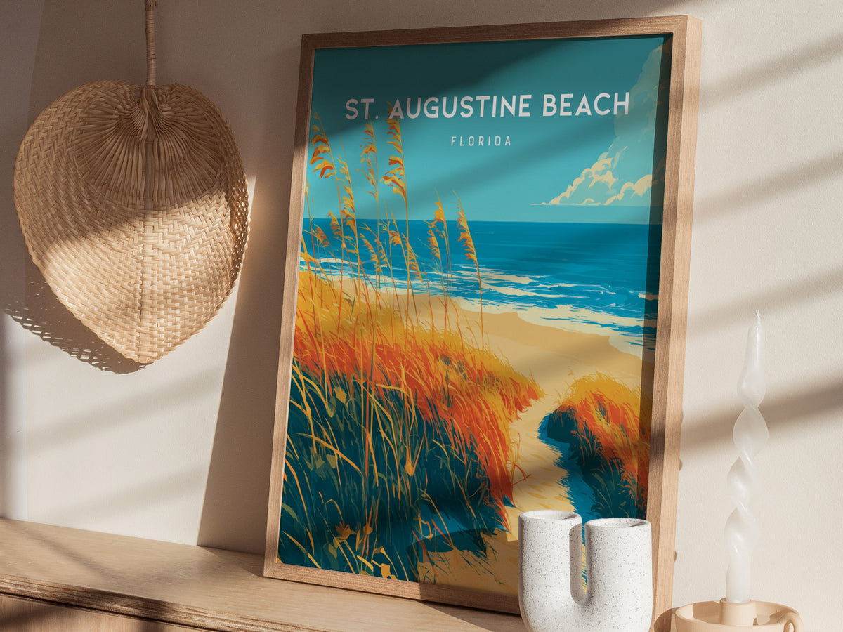 St. Augustine Beach, Florida Poster | Sun-Kissed Shores & Pier Wall Art — styled in a modern interior
