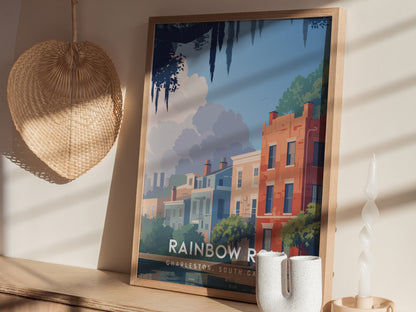 Rainbow Row, Charleston Poster | Colorful Historic Homes Coastal Wall Art — styled in a modern interior