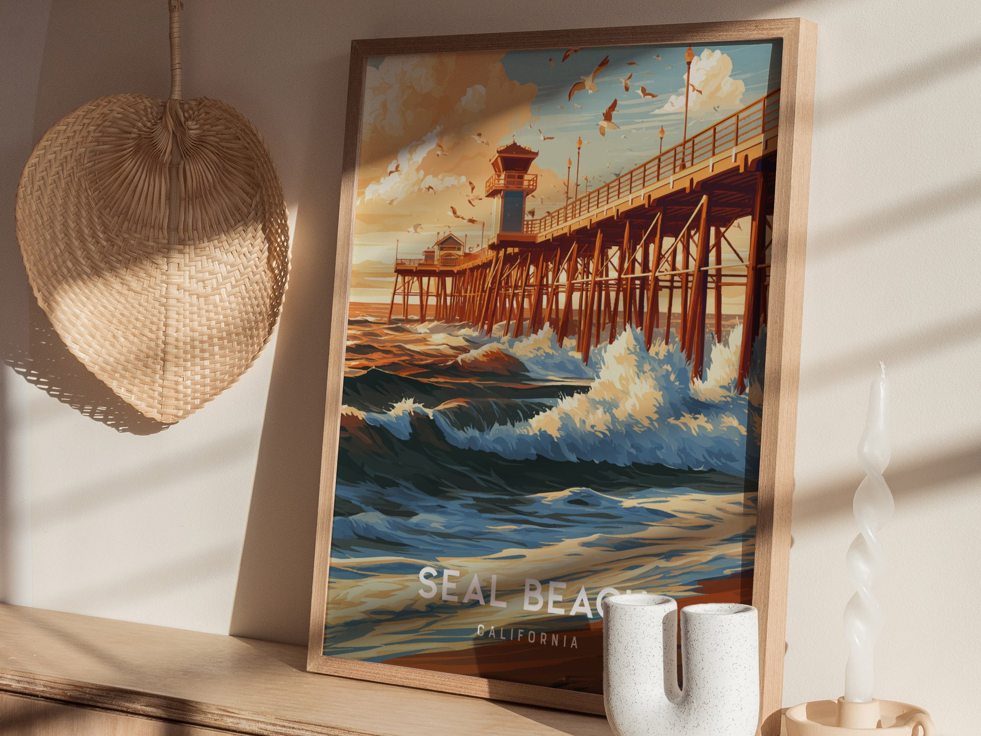 Seal Beach, California Poster | Sun-Kissed Pier & Coastal Charm Wall Art — styled in a modern interior