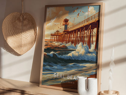 Seal Beach, California Poster | Sun-Kissed Pier & Coastal Charm Wall Art — styled in a modern interior