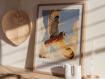Short-eared Owl, Asio flammeus Poster | Raptor Wildlife Print Nature Wall Art — styled in a modern interior