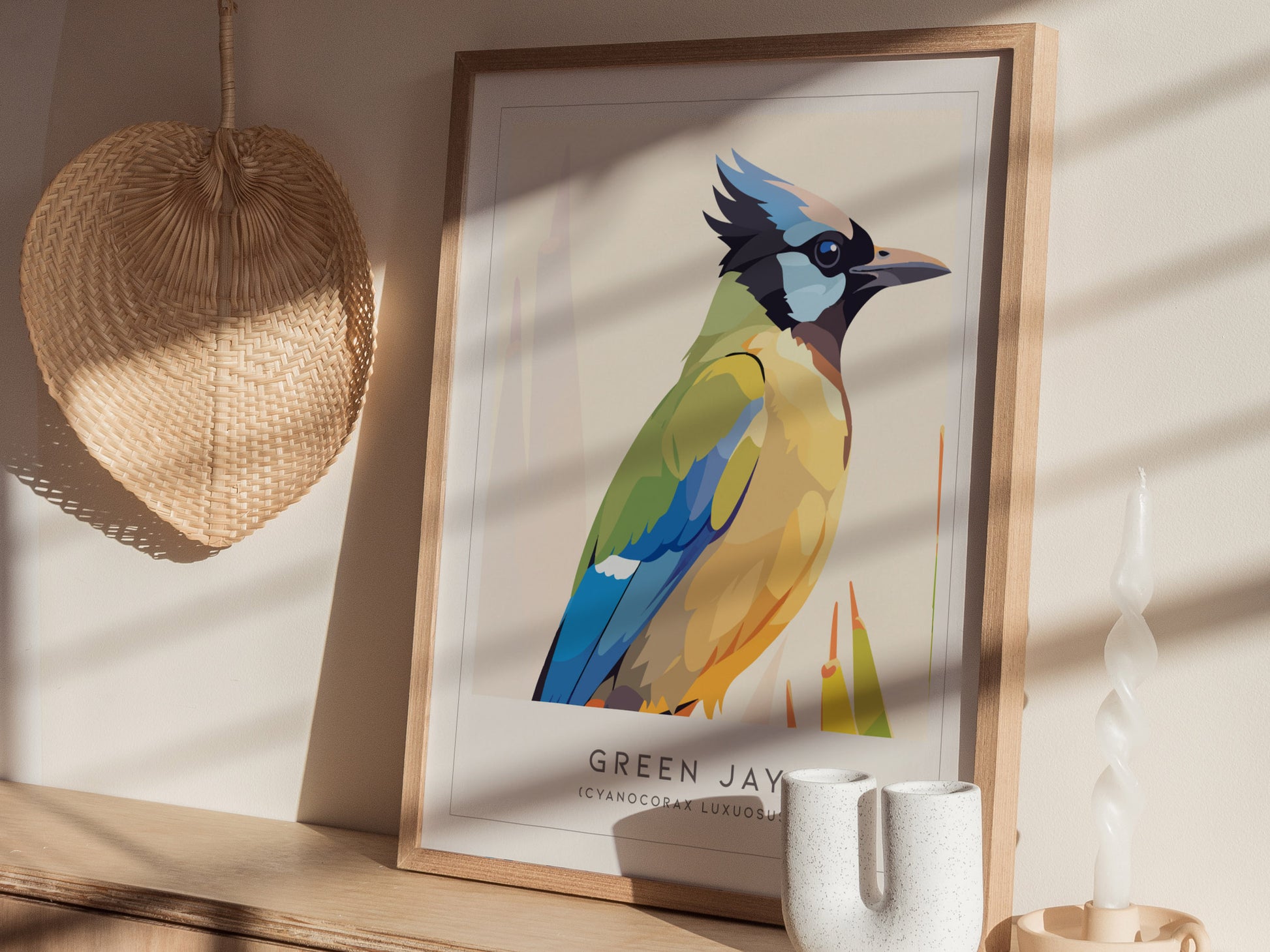 Green Jay, Cyanocorax luxuosus Poster | Tropical Bird Wall Art — styled in a modern interior