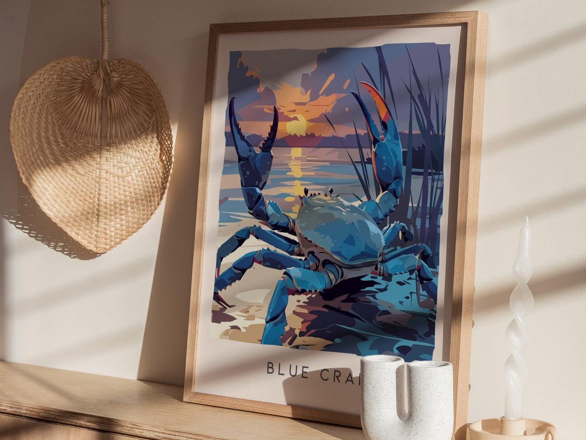Blue Crab, Callinectes sapidus Poster | Coastal Wildlife Wall Art — styled in a modern interior