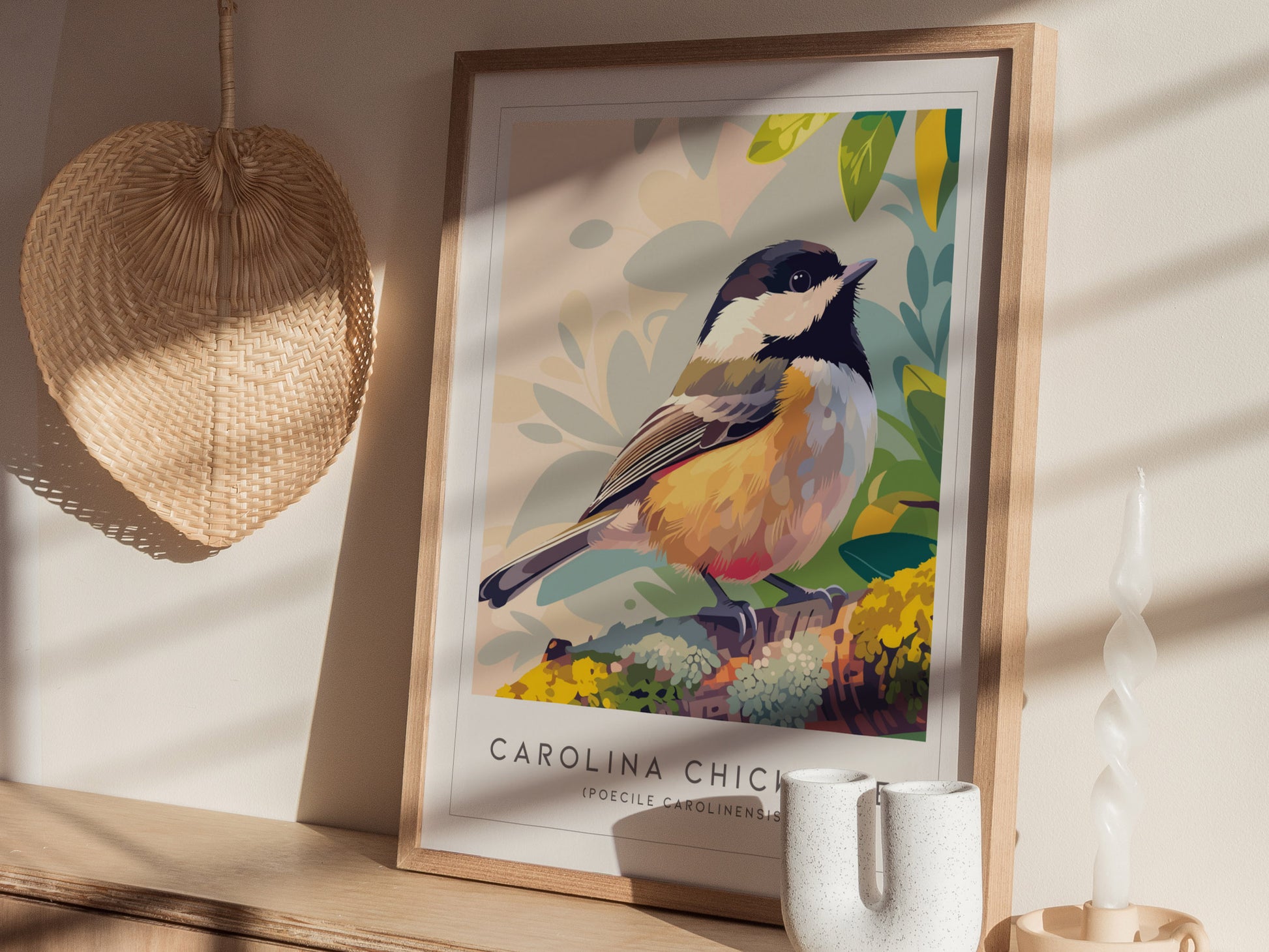 Carolina Chickadee Poster | Charming Songbird in Autumn Branches Wall Art — styled in a modern interior