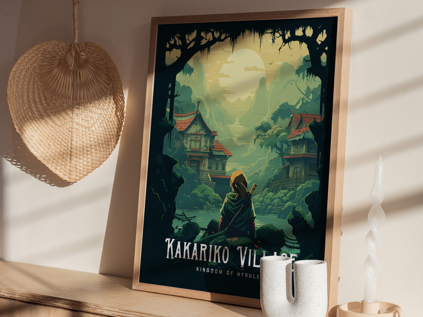 Natural wood framed Kakariko Village poster leaning on a shelf with plants and gaming accessories