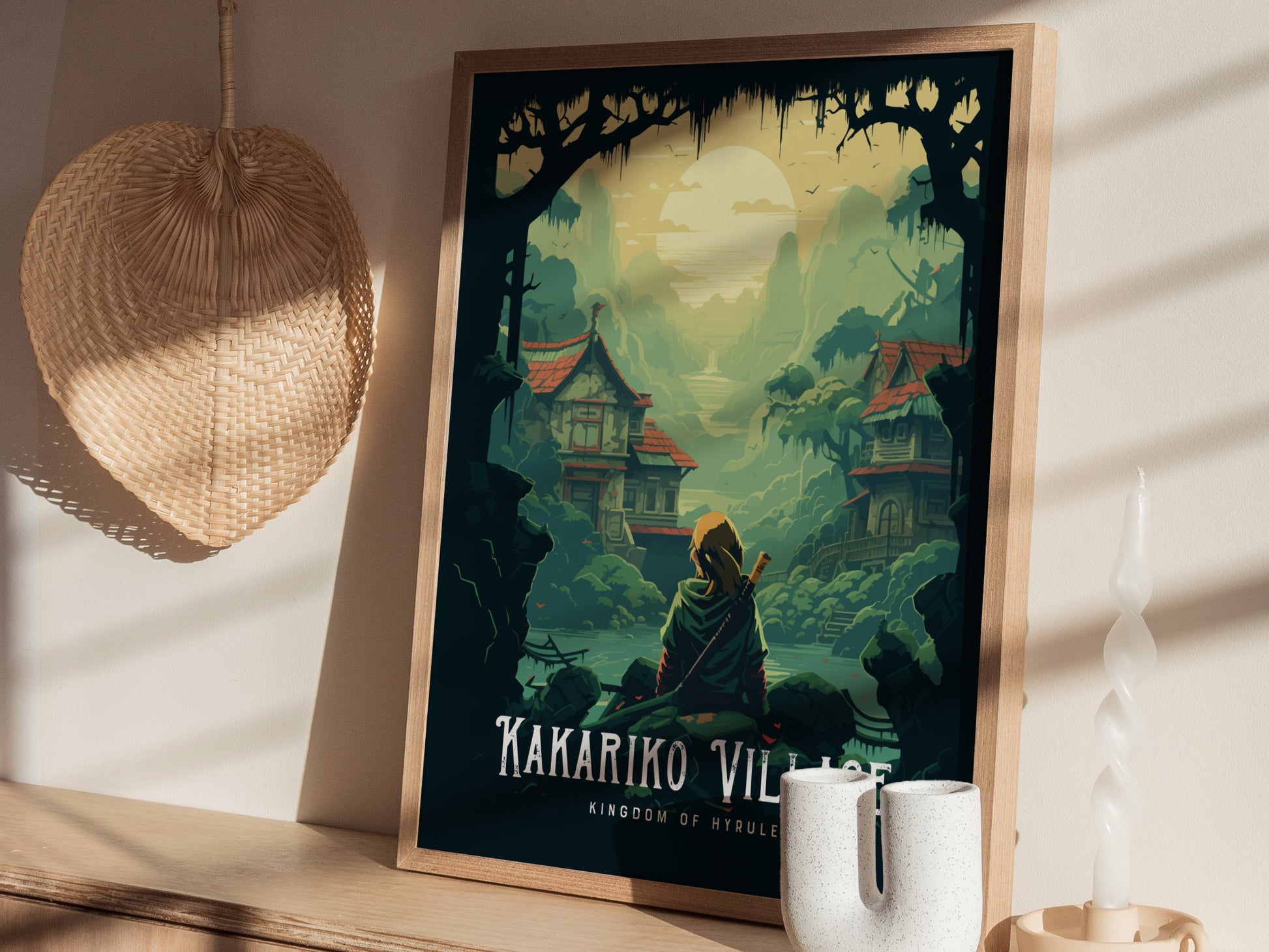 Natural wood framed Kakariko Village poster leaning on a shelf with plants and gaming accessories
