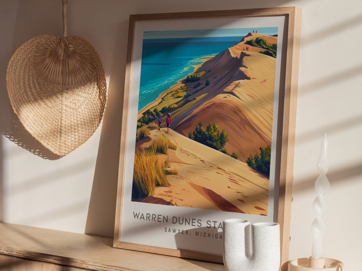 Warren Dunes State Park Matte Border Poster | Sawyer, Michigan Destination Print — styled in a modern interior