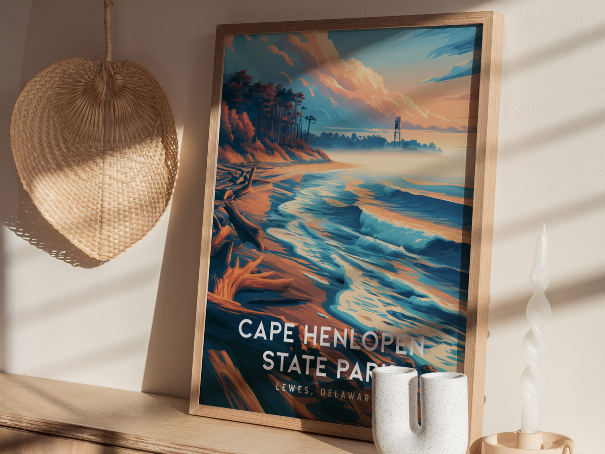 Cape Henlopen State Park, Lewes, Delaware Poster | Dunes & Lighthouse Coastal Beach Decor — styled in a modern interior