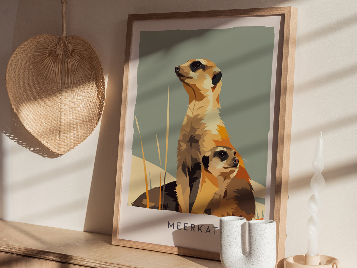 Meerkat, Suricata suricatta Poster | Bold Safari Wildlife Wall Art — styled in a modern interior