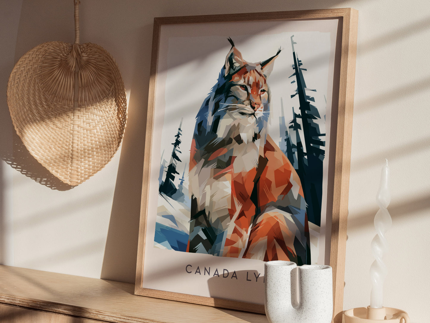 Canada Lynx Poster | Wild Winter Predator Wildlife Wall Art — styled in a modern interior
