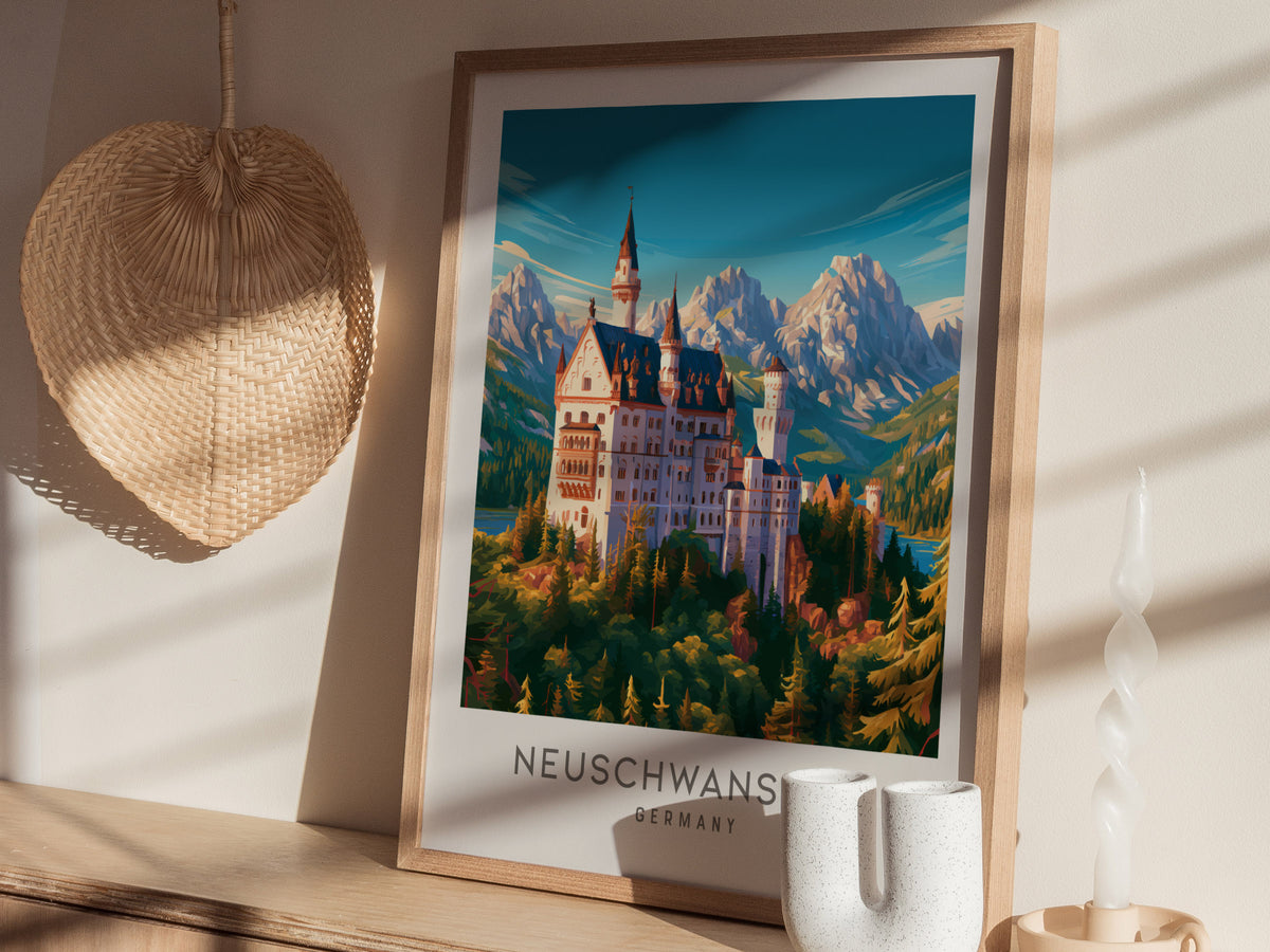 Neuschwanstein Matte Border Poster | Germany Destination Print Travel Wall Art — styled in a modern interior