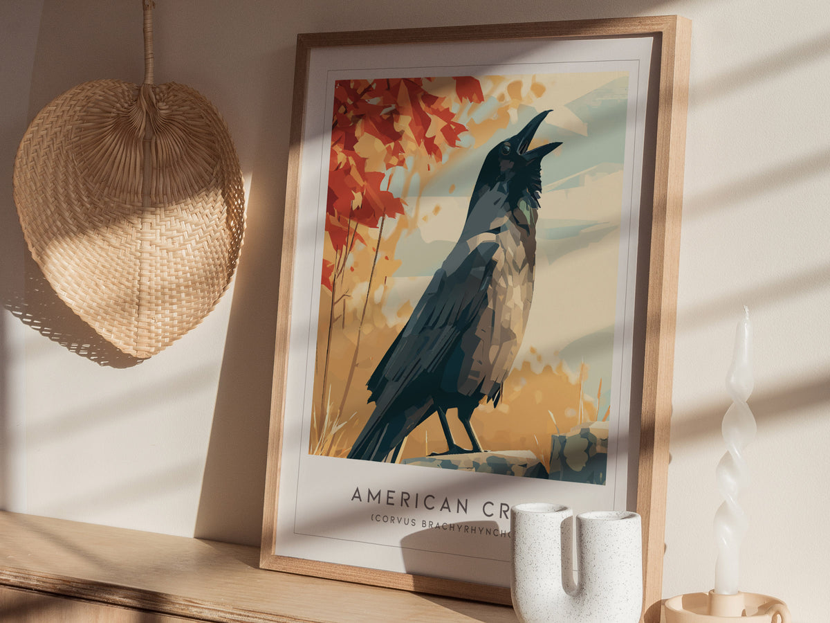 American Crow Poster | Dark Elegance Corvid Bird Wall Art — styled in a modern interior