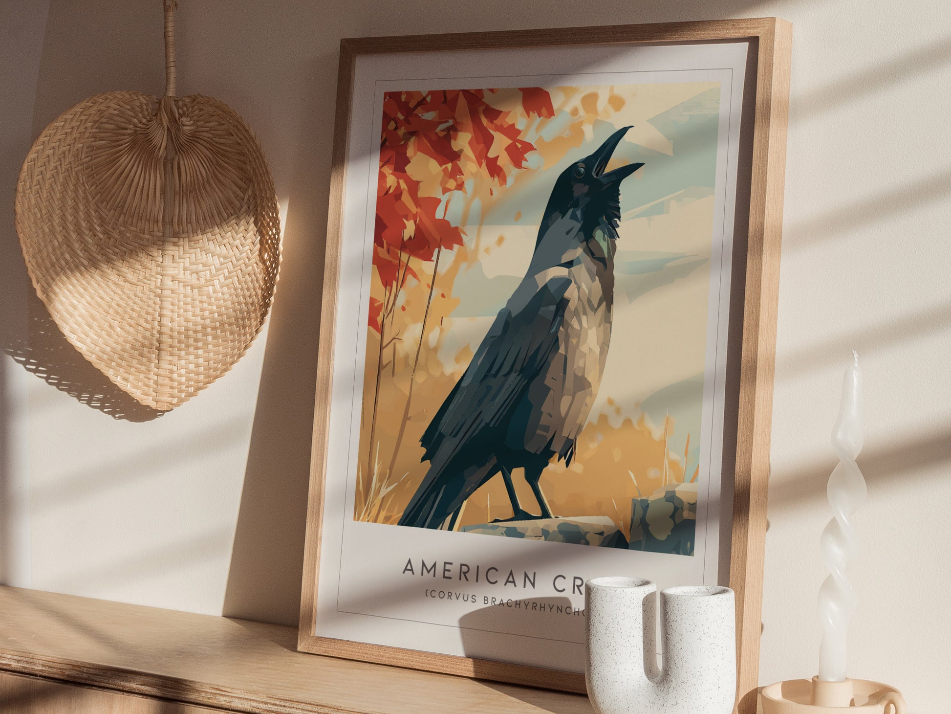 American Crow Poster | Dark Elegance Corvid Bird Wall Art — styled in a modern interior