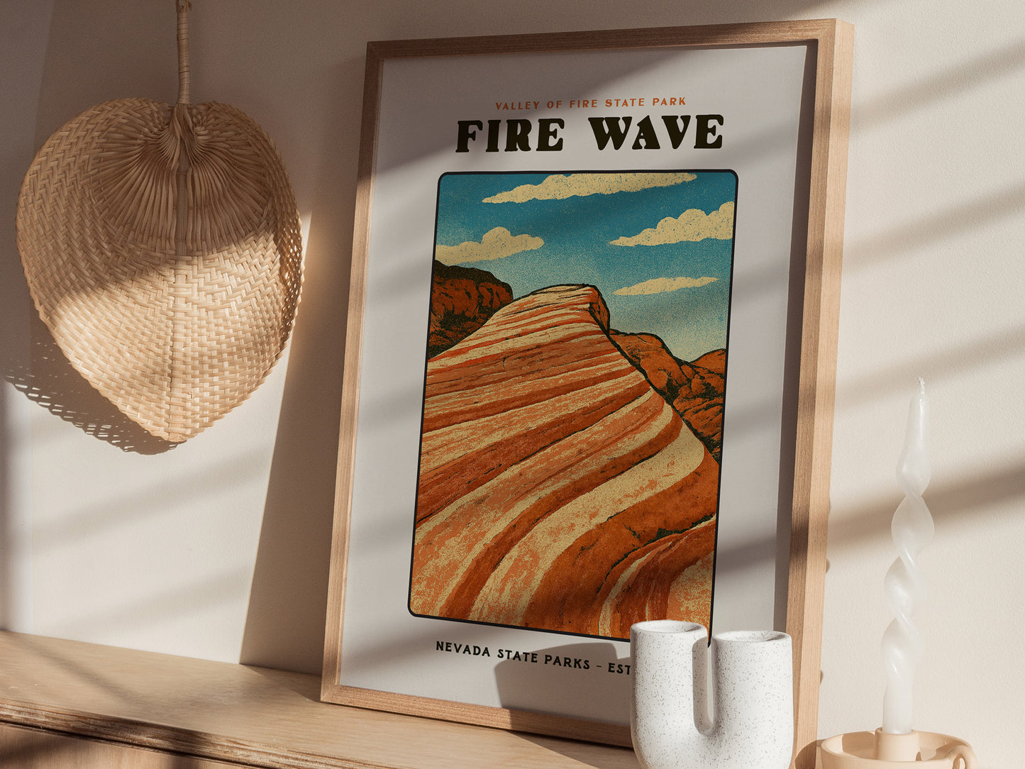 Fire Wave Valley of Fire Block Print | Vintage Nevada State Park Desert Wall Art | Framed or Unframed