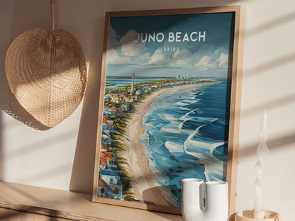 Juno Beach, Florida Poster | Sea Turtle & Sunrise Shoreline Wall Art — styled in a modern interior