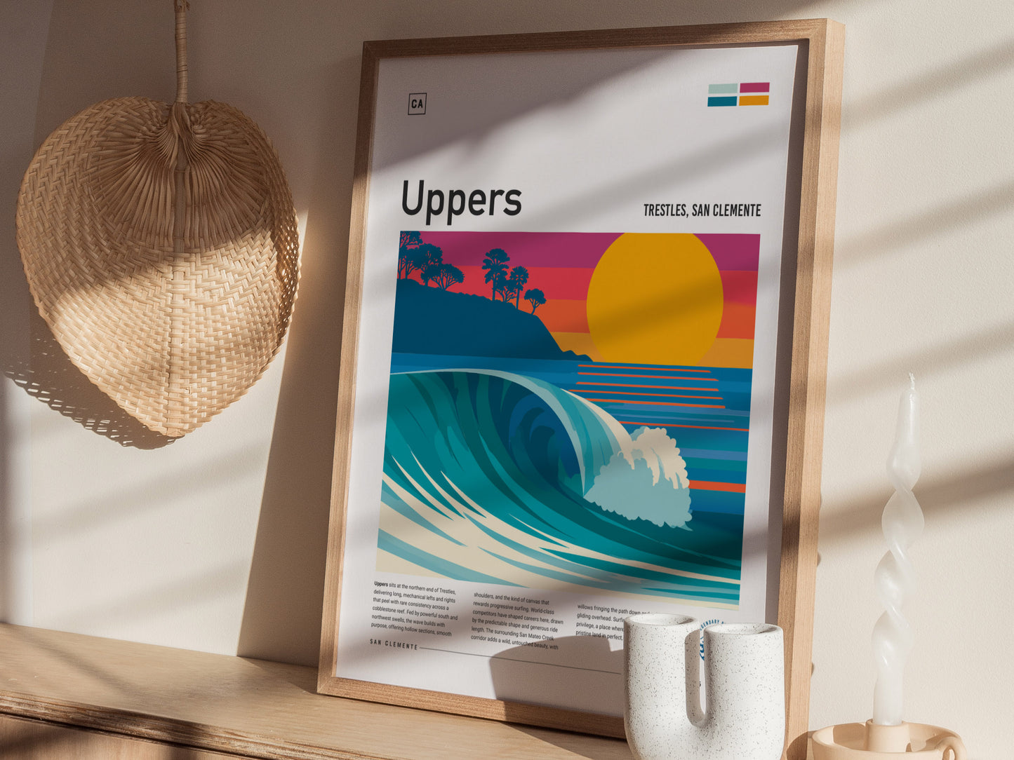 Uppers, Trestles Poster | Golden Hour Barrel Surf Wall Art — styled in a modern interior