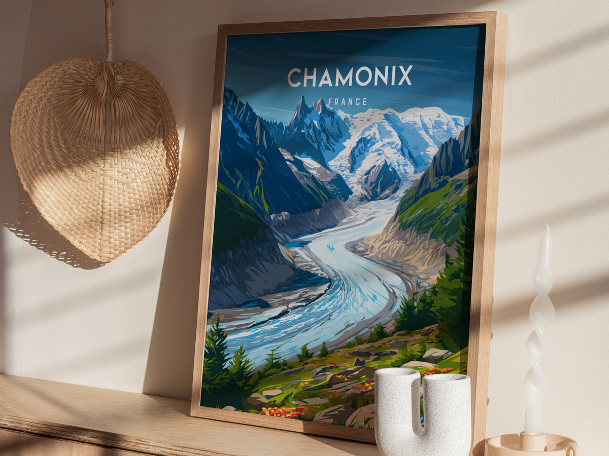 Chamonix, France Poster | Alpine Mountain Village Destination Print Wall Art — styled in a modern interior