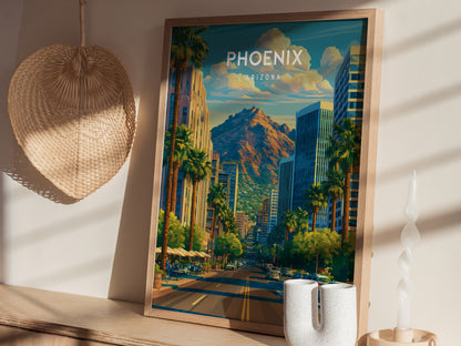 Phoenix, Arizona Poster | Desert Skyline & Saguaro Sunset Wall Art — styled in a modern interior