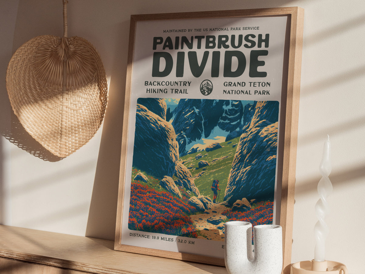 Paintbrush Divide, Grand Teton National Park Poster | Hiker Gift | Backcountry Trail Wall Art — styled in a modern interior