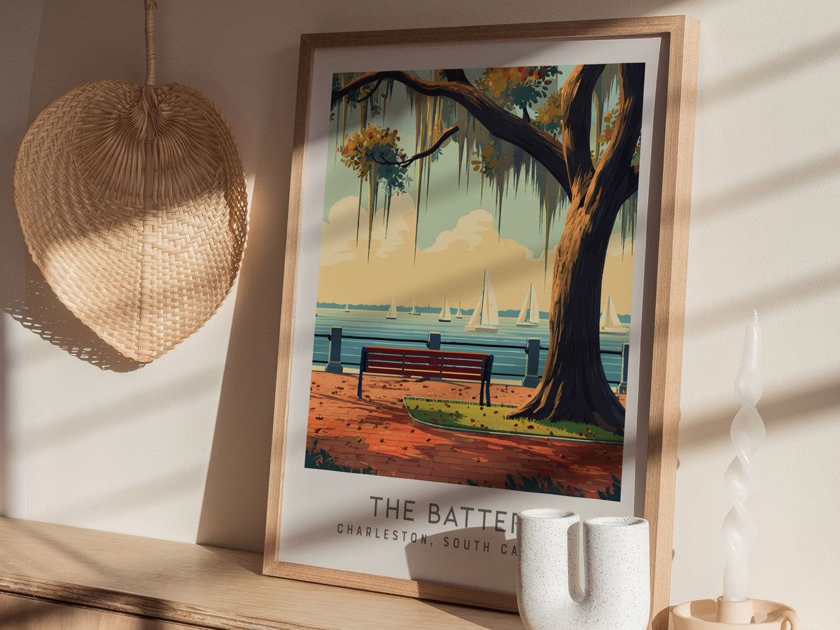 The Battery Matte Border Poster | Charleston, South Carolina Coastal Beach Decor — styled in a modern interior