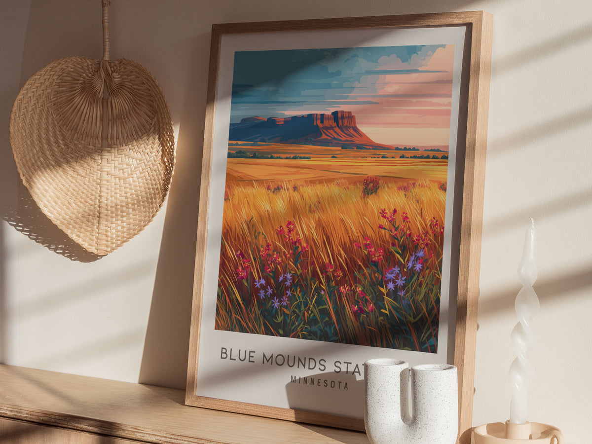 Blue Mounds State Park Matte Border Poster | Minnesota Destination Print & Vacation Wall Art — styled in a modern interior