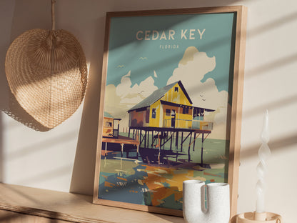 A framed Cedar Key, Florida poster features a stilt house over coastal waters, placed on a wooden shelf beside a woven basket and ceramic candle holder.