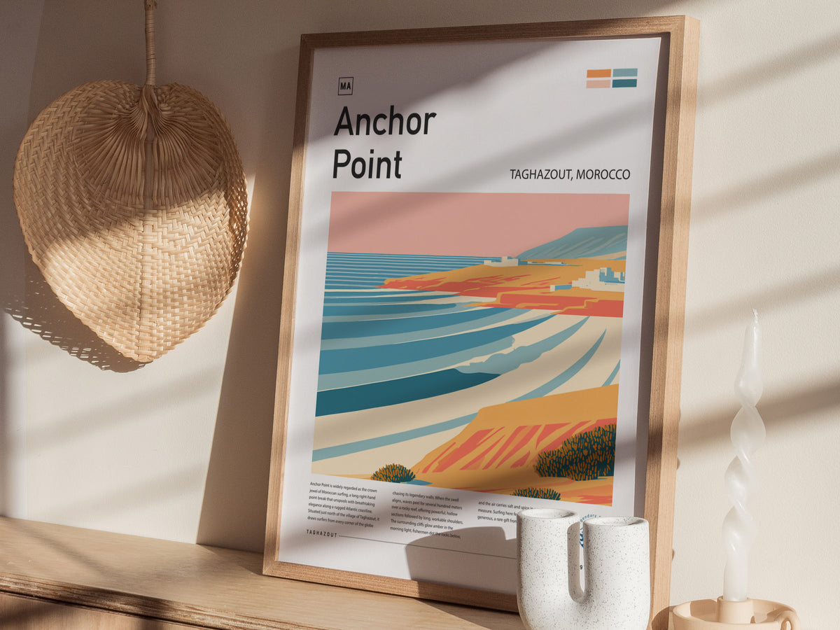 Anchor Point, Taghazout, Morocco Poster | Surf Wall Art & Coastal Vibes Print — styled in a modern interior