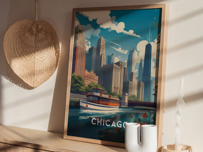 A framed poster depicts a vibrant Chicago River scene with downtown skyscrapers and a boat, set on a wooden shelf alongside a woven basket and a spiral candle.
