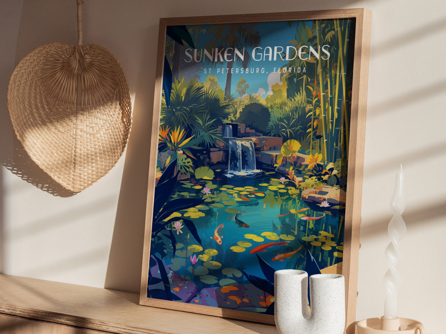 A framed poster of Sunken Gardens in St. Petersburg, Florida, featuring a vibrant koi pond with lush tropical plants and a cascading waterfall, sits on a wooden surface.