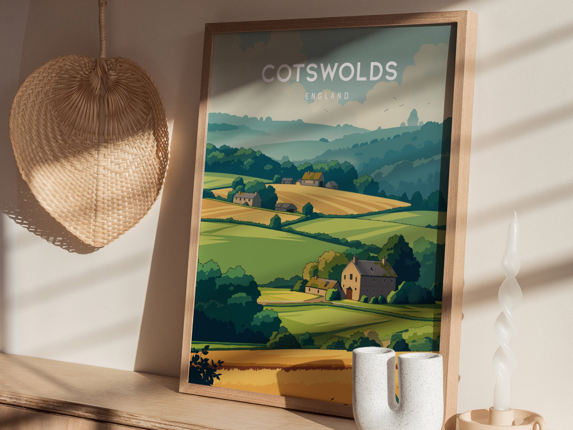 Cotswolds, England Poster | Rolling Hills & Stone Village Wall Art — styled in a modern interior