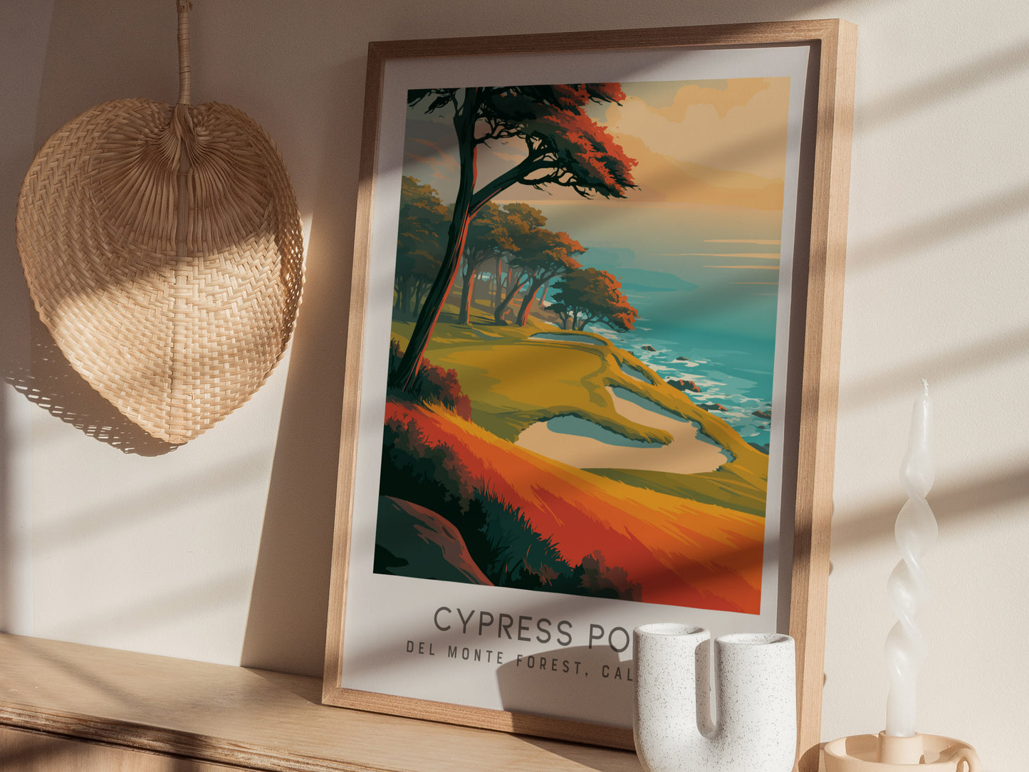 Cypress Point Matte Border Poster | Del Monte Forest, California Golfer Gift Framed or Unframed — styled in a modern interior