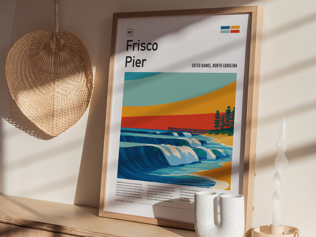 Frisco Pier, Outer Banks, North Carolina Poster | Surf Wall Art & Beach House Decor — styled in a modern interior