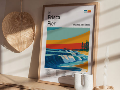 Frisco Pier, Outer Banks, North Carolina Poster | Surf Wall Art & Beach House Decor — styled in a modern interior