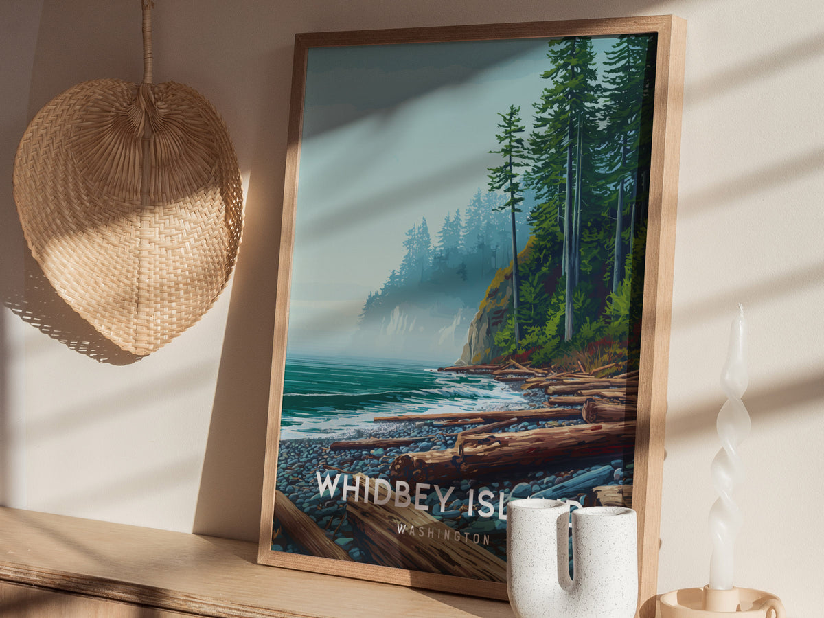 Whidbey Island, Washington Poster | Evergreen Shores & Sailboat Wall Art — styled in a modern interior