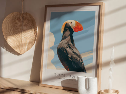 Tufted Puffin, Frailecillo Coletudo Poster | Bold Seabird Wildlife Print Wall Art — styled in a modern interior