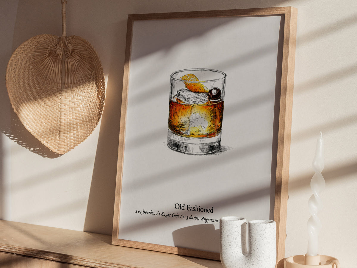 Old Fashioned Cocktail Poster | Vintage Pen & Ink Scientific Illustration Wall Art — styled in a modern interior