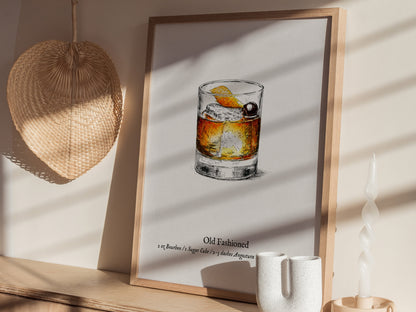 Old Fashioned Cocktail Poster | Vintage Pen & Ink Scientific Illustration Wall Art — styled in a modern interior