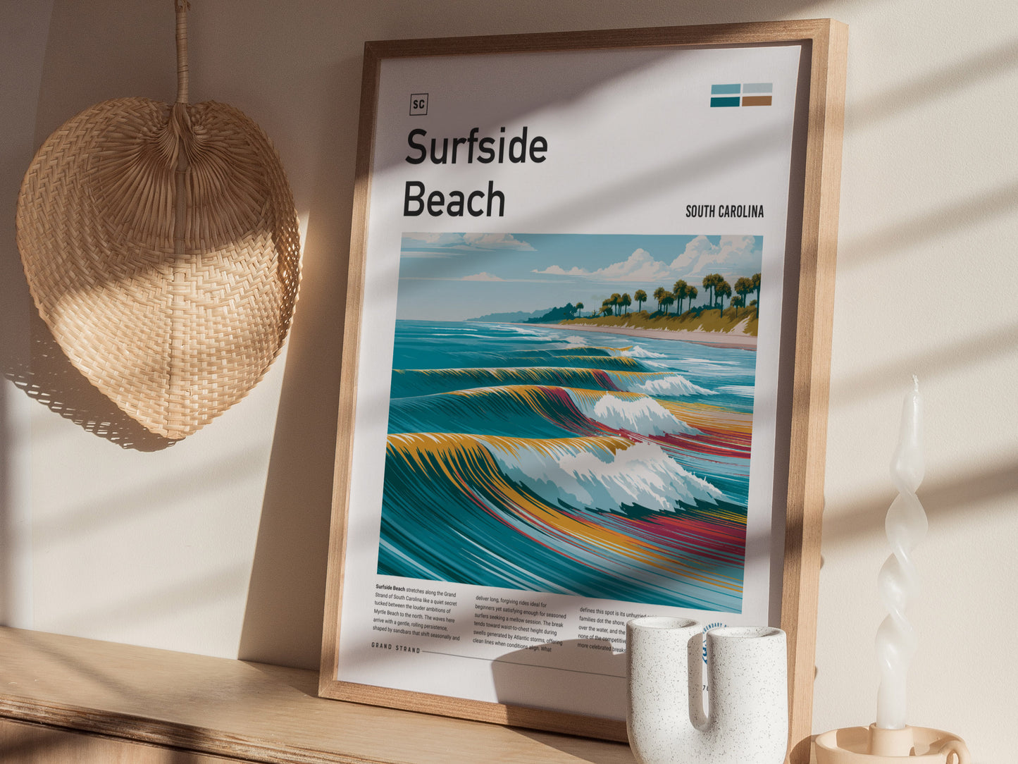 Surfside Beach, South Carolina Poster | Coastal Surf Town Wave Print Wall Art — styled in a modern interior
