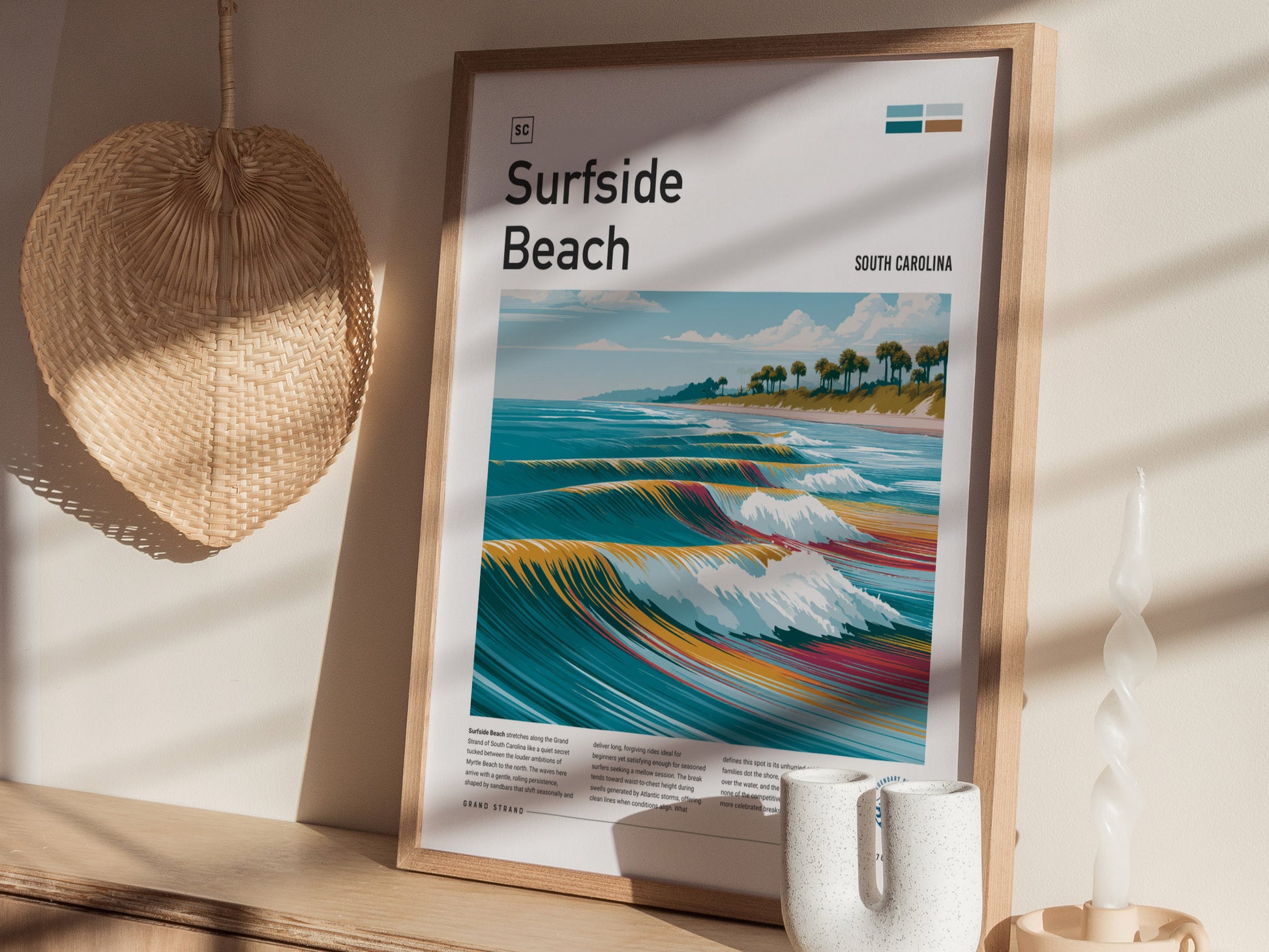 Surfside Beach, South Carolina Poster | Coastal Surf Town Wave Print Wall Art — styled in a modern interior