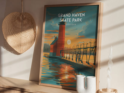 Grand Haven State Park, Michigan Poster | Lighthouse & Pier Beach House Decor Wall Art — styled in a modern interior