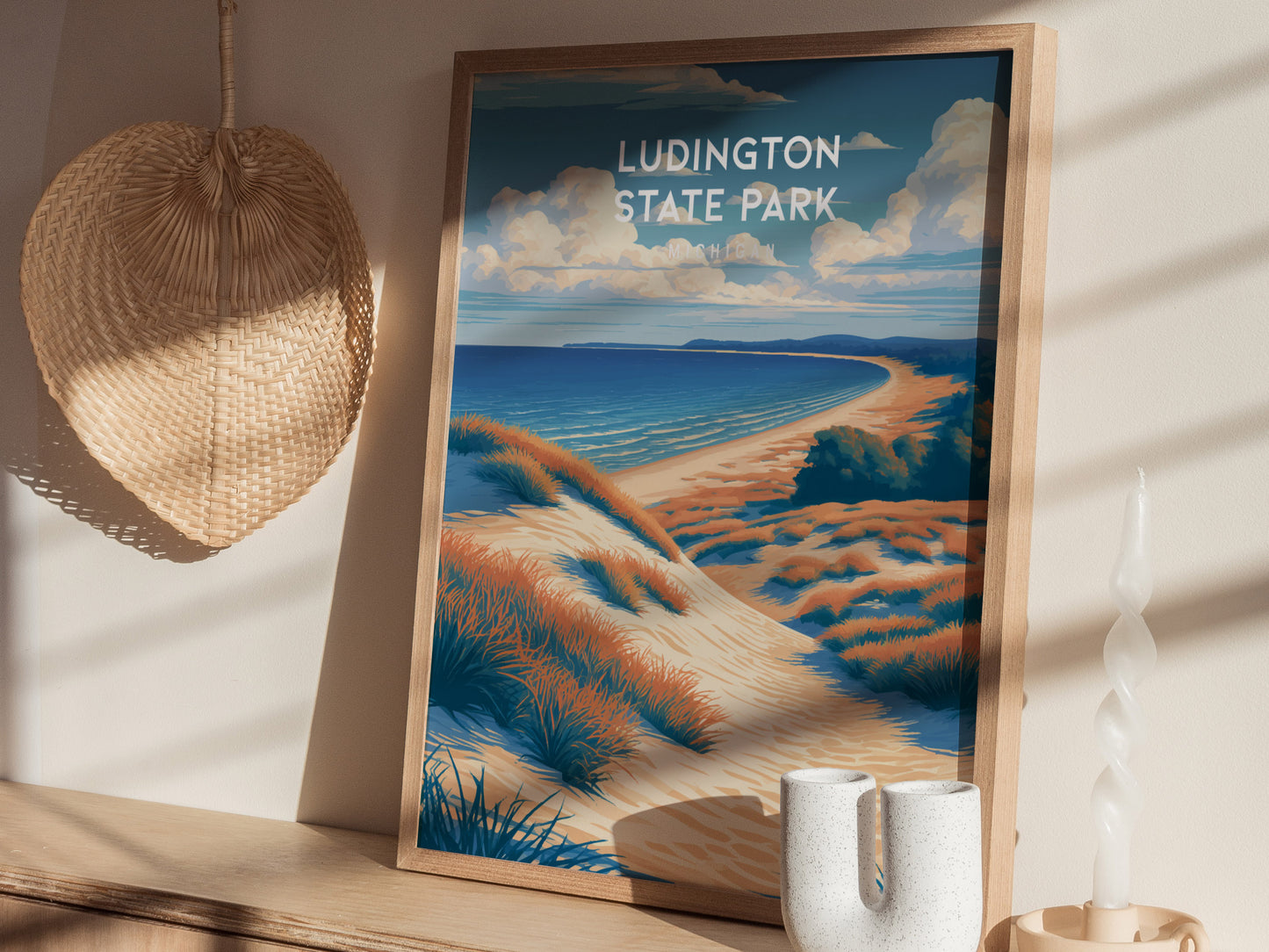 Ludington State Park, Michigan Poster | Dunes & Lighthouse Lakeshore Wall Art — styled in a modern interior
