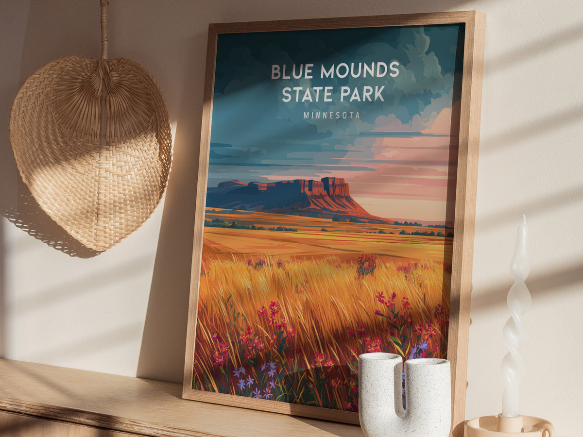 Blue Mounds State Park, Minnesota Poster | Prairie Bluffs & Bison Travel Wall Art — styled in a modern interior